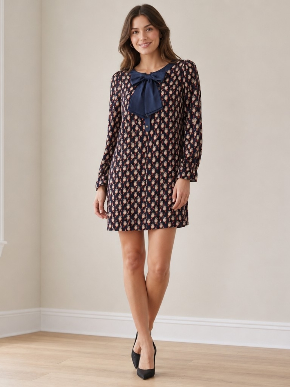 Navy Vintage Charm Tie-Neck Mini Dress